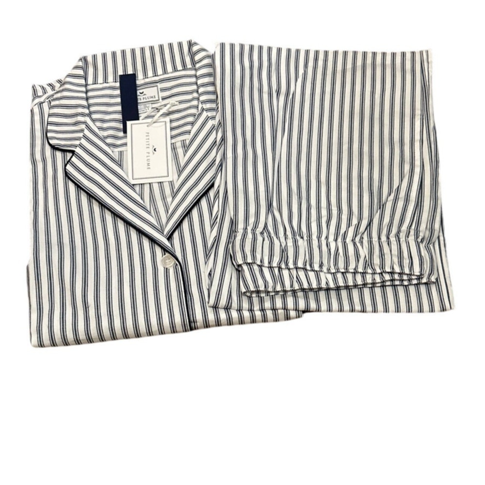 Petite Plume Women's Twill Pajama Set in Navy French Ticking Size Small New